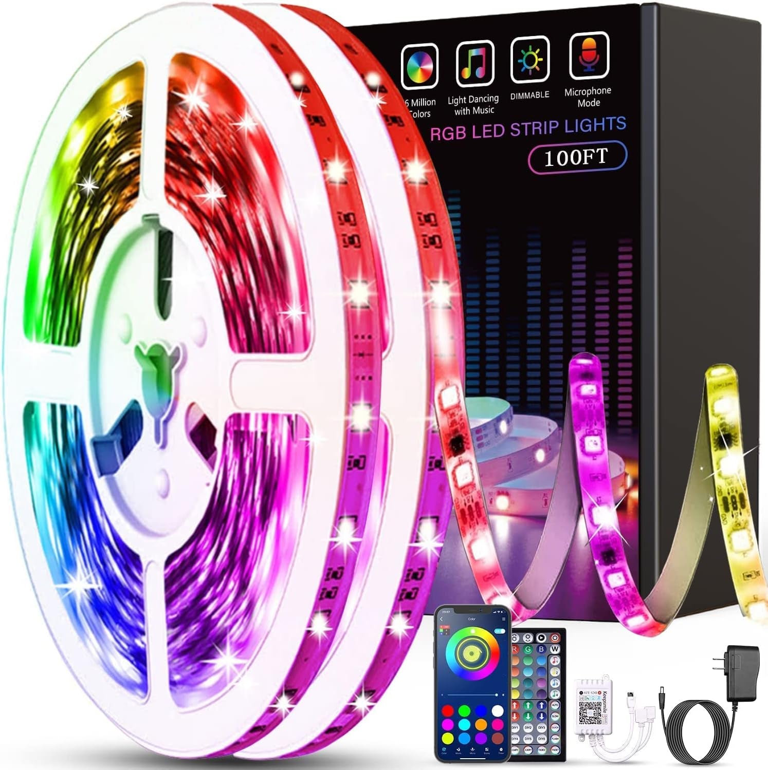 Led Lights for Bedroom 100Ft(2 Rolls of 50Ft) Smart Music Sync Color Changing LED Strip Lights with App and Remote Control RGB LED Strip, LED Lights for Room Home Party Decoration